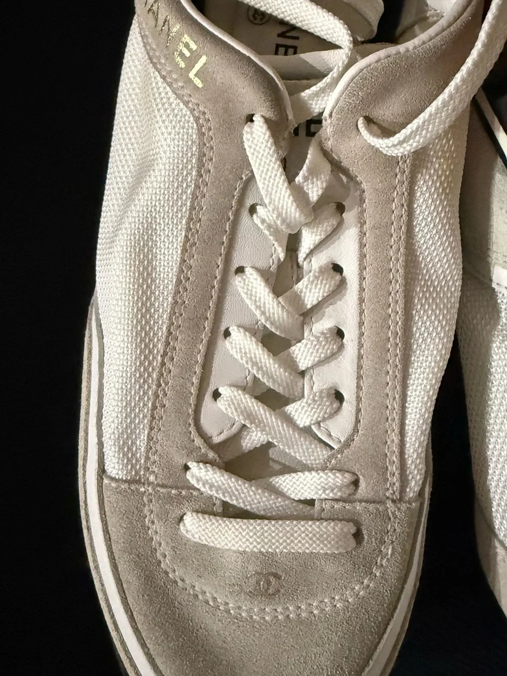 CHANEL Cream Lace-Up  Sneakers